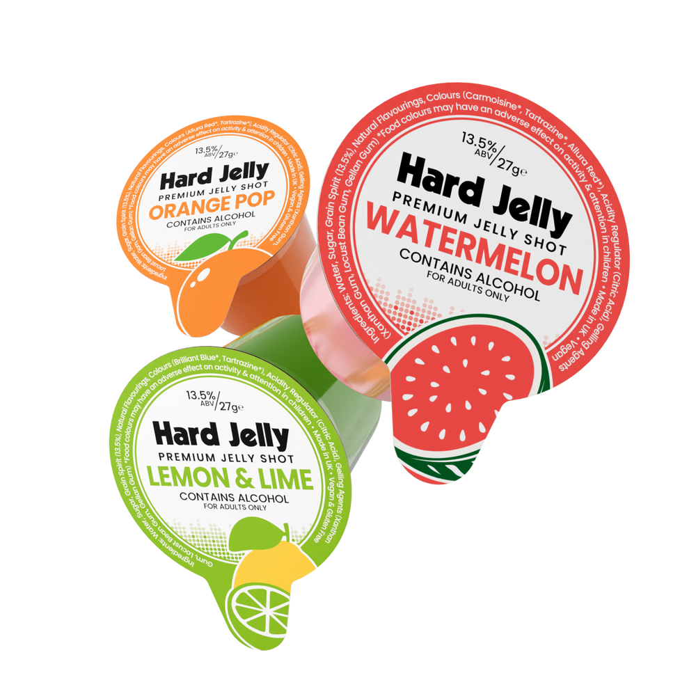 Watermelon, Lemon & Lime and Orange Pop flavour jelly shots (13.5% ABV)